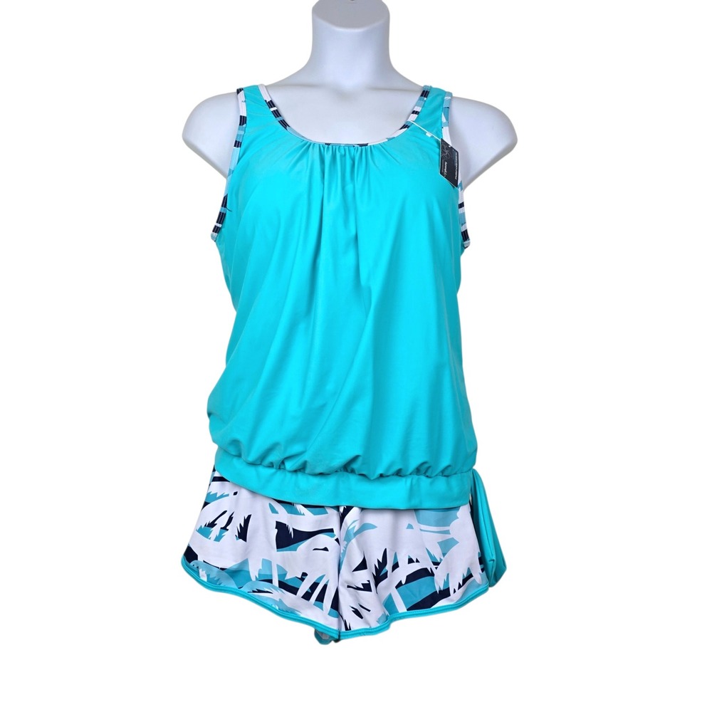 Summer Mae Womens Aqua Blue Tropical Blouson Tankini Swim Shorts Set Size 2X NWT